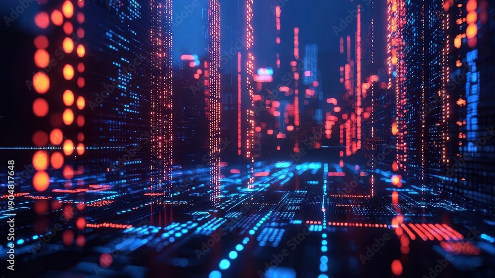 Abstract blockchain network with city skyline, Cryptocurrency, technology revolution in urban economy Abstract blockchain network with city skyline, Cryptocurrency, technology revolution in urban economy