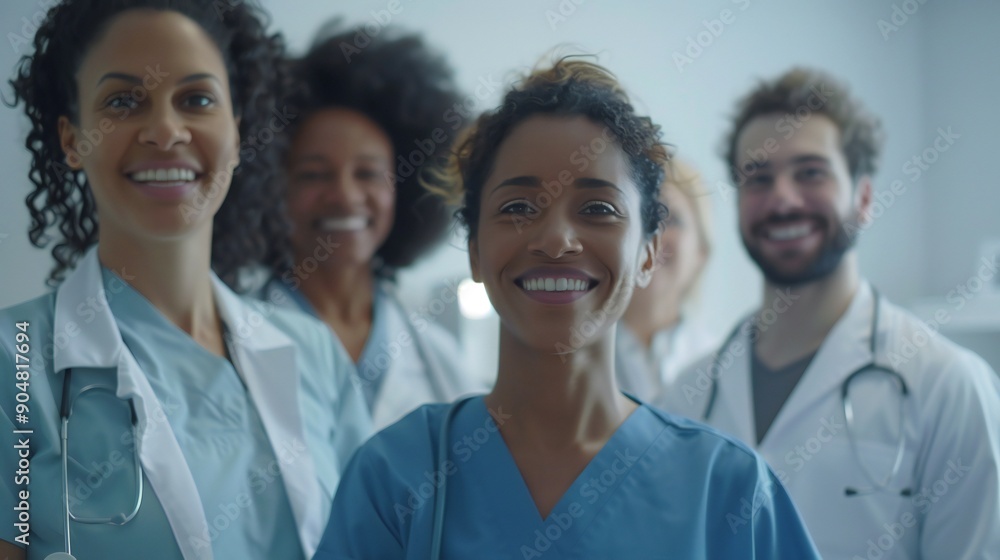 Smiling group of medical workers posing in a clinic, representing different backgrounds. Smiling group of medical workers posing in a clinic, representing different backgrounds.
