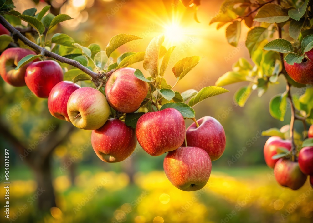 Vibrant branch laden with juicy apples hangs from mature tree, set against soft, warm, blurred background of lush apple orchard during golden hour sunlight. Vibrant branch laden with juicy apples hangs from mature tree, set against soft, warm, blurred background of lush apple orchard during golden hour sunlight.