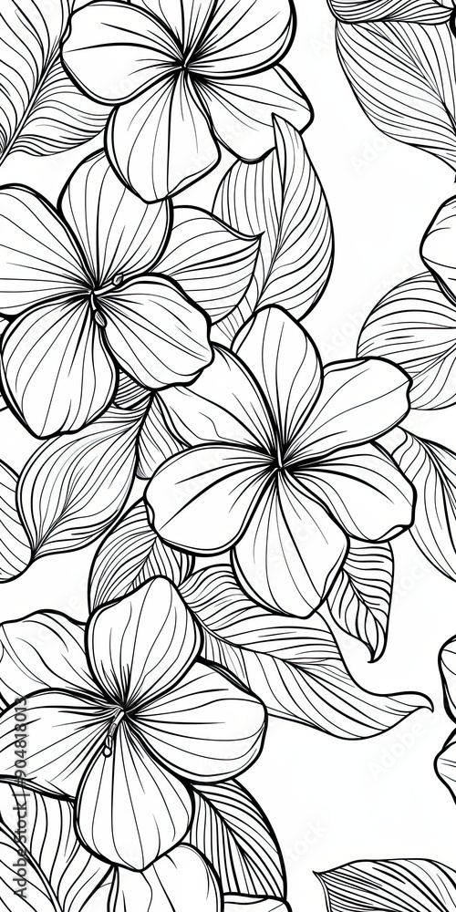Detailed Black and White Line Drawing of Tropical Flowers and Leaves Detailed Black and White Line Drawing of Tropical Flowers and Leaves