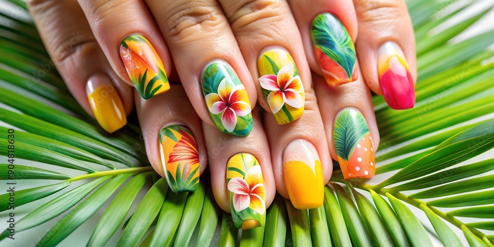 Tropical Flower Nail Art on Green Palm Leaves Tropical Flower Nail Art on Green Palm Leaves