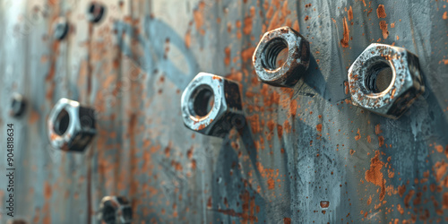 Creative Metal Industry Concept with Hex Nuts Moving Across a Rusted Steel Sheet photo