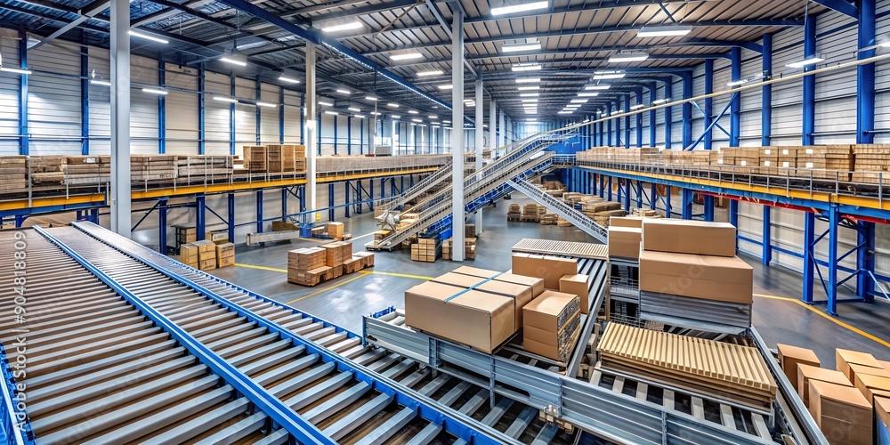 Conveyor Belt System in a Modern Warehouse for Packaging and Shipping Conveyor Belt System in a Modern Warehouse for Packaging and Shipping