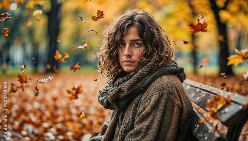 Young woman with curly hair sitting on a bench in an autumnal park. Young woman with curly hair sitting on a bench in an autumnal park.