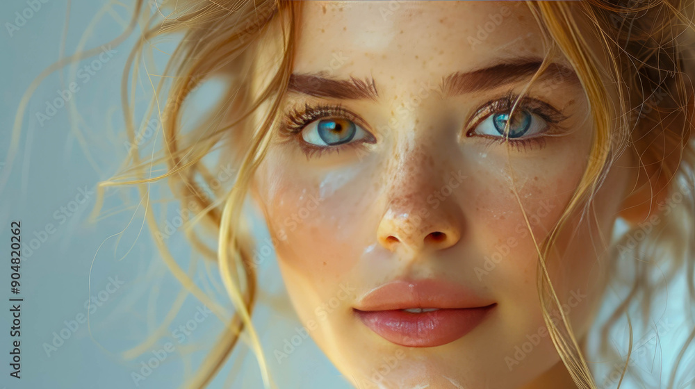 Close-up portrait of a young woman with natural makeup and striking blue eyes Close-up portrait of a young woman with natural makeup and striking blue eyes