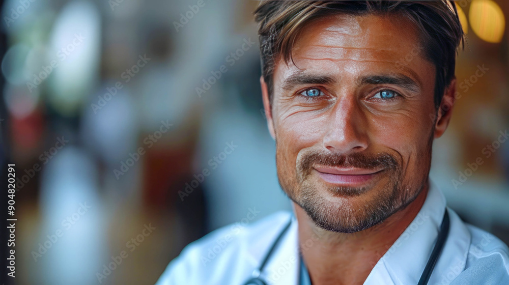 Obraz premium Confident male doctor in white coat with stethoscope, arms crossed, in a modern medical office
