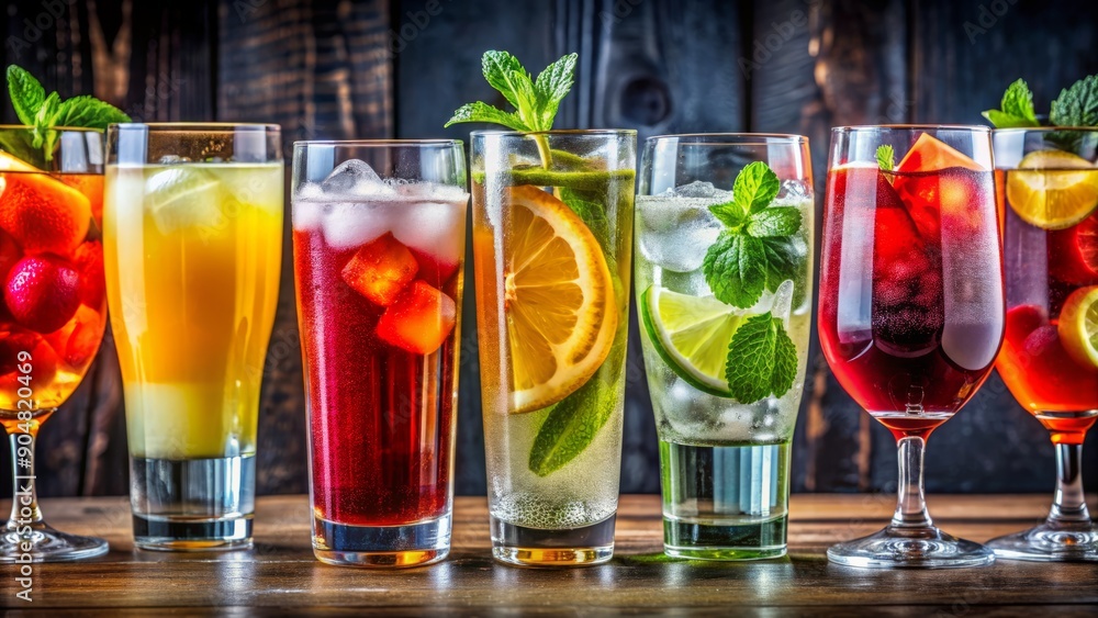 A vibrant row of glasses filled with diverse drinks, including water, soda, juice, wine, and cocktails, showcasing a kaleidoscope of colors and textures. A vibrant row of glasses filled with diverse drinks, including water, soda, juice, wine, and cocktails, showcasing a kaleidoscope of colors and textures.