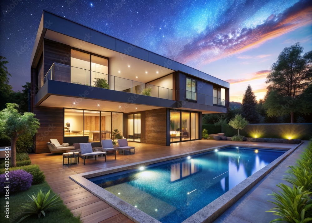 Obraz premium Illuminated luxury modern house at night with sparkling outdoor swimming pool surrounded by lush greenery and sleek patio furniture under a starry sky.