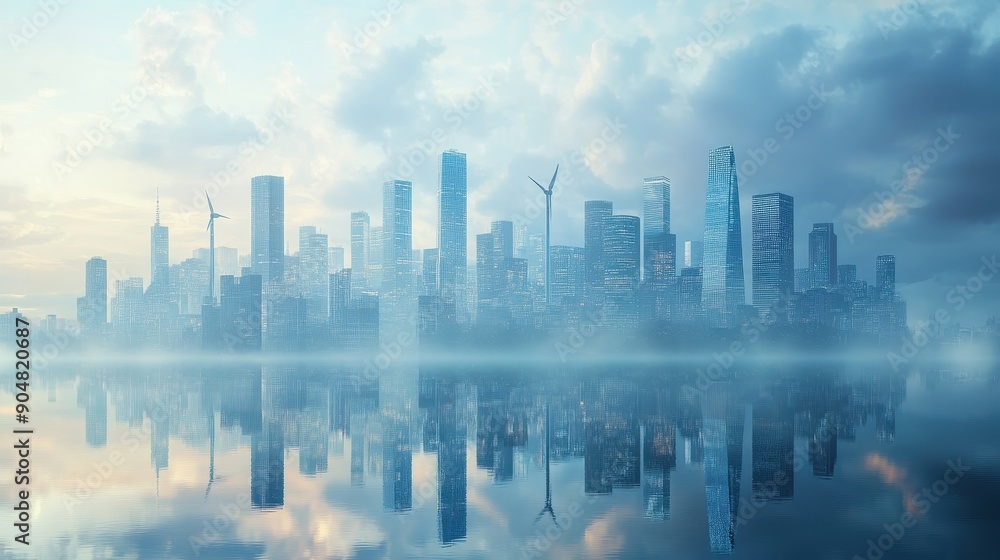 Modern City Skyline with Skyscrapers and Wind Turbines Reflected in Calm Water on a Foggy Day Modern City Skyline with Skyscrapers and Wind Turbines Reflected in Calm Water on a Foggy Day