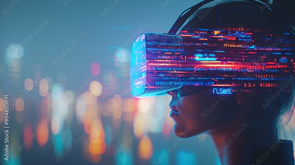Wearing VR goggles using simulation device, double exposure on online cyber lifestyle. Wearing VR goggles using simulation device, double exposure on online cyber lifestyle.