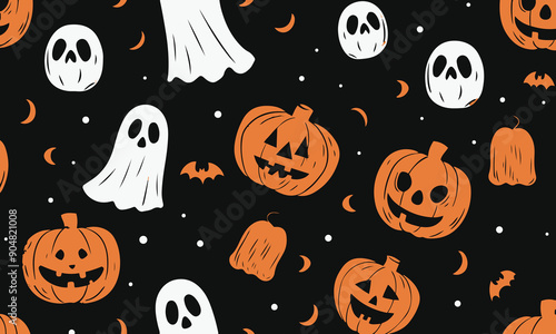 Halloween seamless pumpkin pattern with scull ,bat, ghost isolated vector illustration 