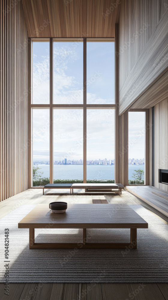Fototapeta premium Luxury property interiors with wall panels and minimal furniture. Residential Real Estate minimalist composition.