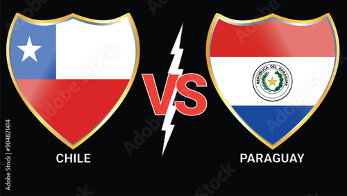Exciting soccer clash: Chile vs Paraguay with black background and versus flags in golden silver frame