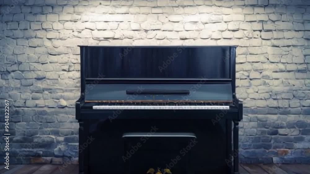 A black upright piano against a white brick wall. The piano has a matching bench in front of it. Three black pendant lights above the piano cast a soft light on the piano and wall. A black upright piano against a white brick wall. The piano has a matching bench in front of it. Three black pendant lights above the piano cast a soft light on the piano and wall.