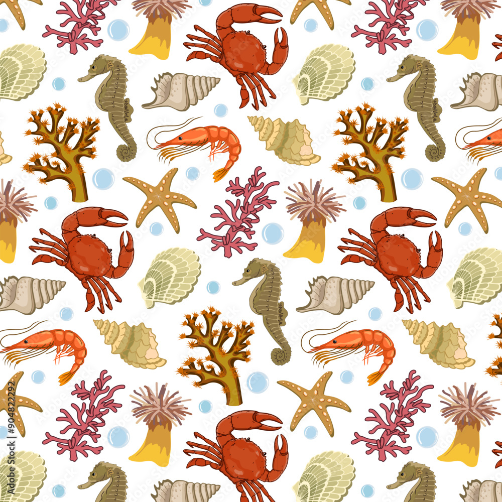 Obraz premium Underwater world in a pattern.Shells, corals, crabs and shrimps on a transparent background in a vector seamless pattern.