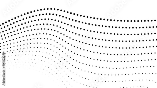 Futuristic wave of black smoothly moving dots on a white background. Flowing dot particles wave pattern halftone black gradient smooth curve shape isolated on transparent background. Vector illustrati