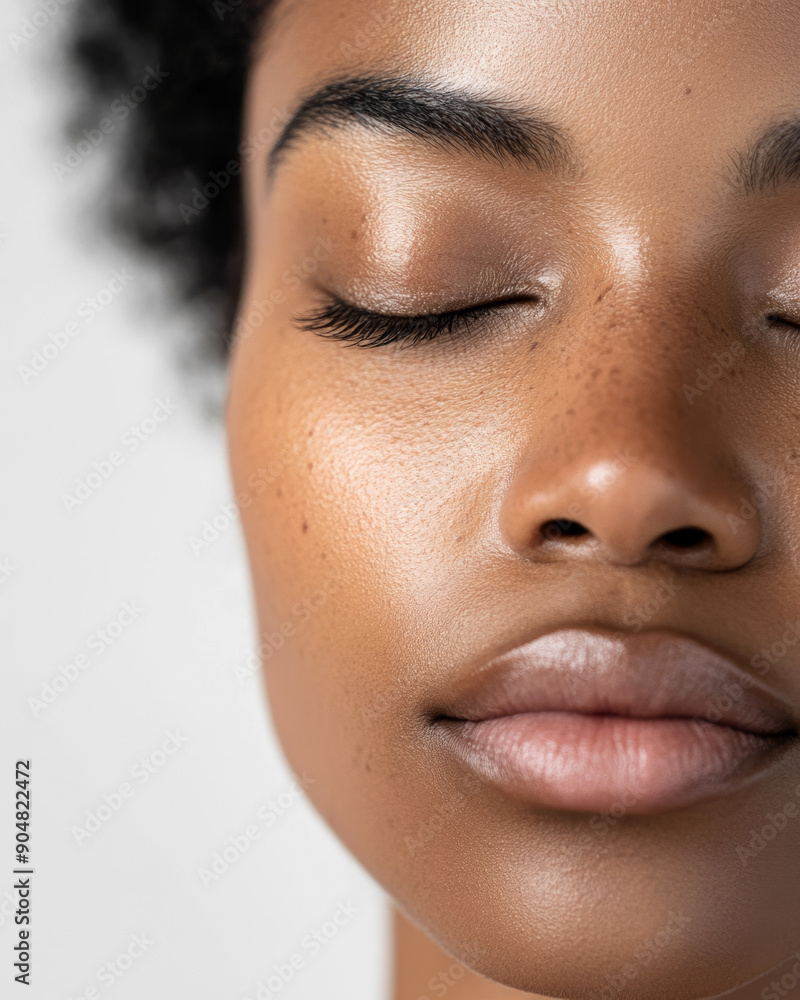 Fototapeta premium A young African American woman with closed eyes, highlighting her smooth and glowing skin with natural freckles, in a close-up view, enhancing her serene and peaceful look