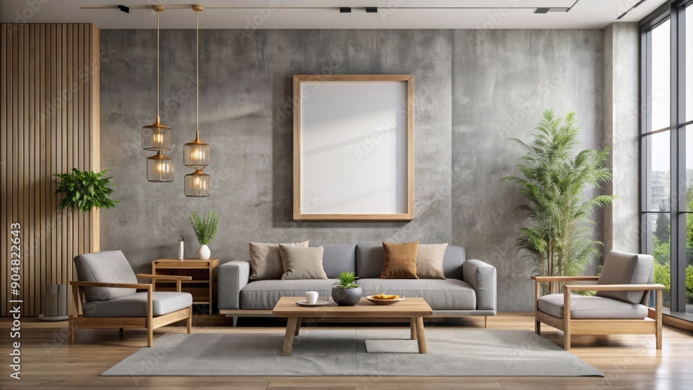 Modern Japanese-inspired living room with minimalist decor, sleek lines, and a large hanging mockup picture frame on a light gray wall, surrounded by natural textures. Modern Japanese-inspired living room with minimalist decor, sleek lines, and a large hanging mockup picture frame on a light gray wall, surrounded by natural textures.