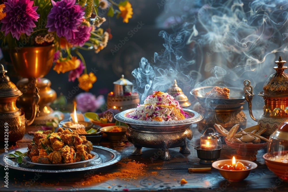 A table filled with an abundance of delicious and aromatic food for a festive occasion, Festive aromas of fragrant incense and traditional culinary delights filling the air