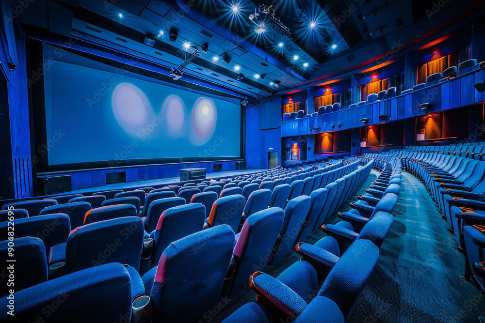 Fototapeta premium Empty Movie Theater with Blue Seats - Cinematic Experience and Film Screening Venue
