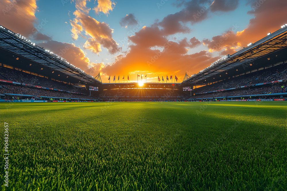 Fototapeta premium Sunset over a sports stadium with flags of England and the Netherlands