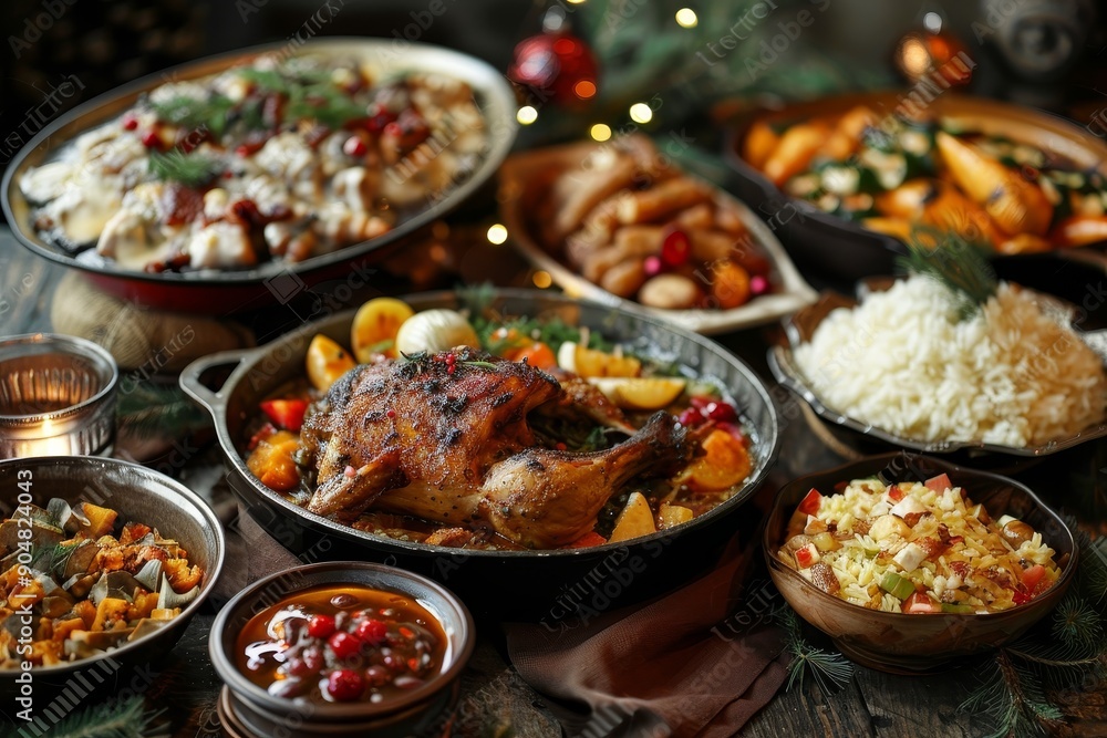A variety of Christmas dishes presented on a rustic wooden table, Festive feasts brimming with delicious dishes A variety of Christmas dishes presented on a rustic wooden table, Festive feasts brimming with delicious dishes