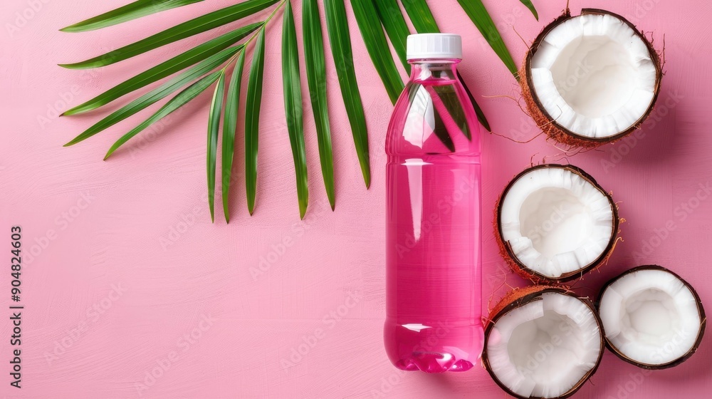 Refreshing coconut water bottles featuring lively tropical patterns and palm motifs on a sleek, minimal backdrop. Refreshing coconut water bottles featuring lively tropical patterns and palm motifs on a sleek, minimal backdrop.
