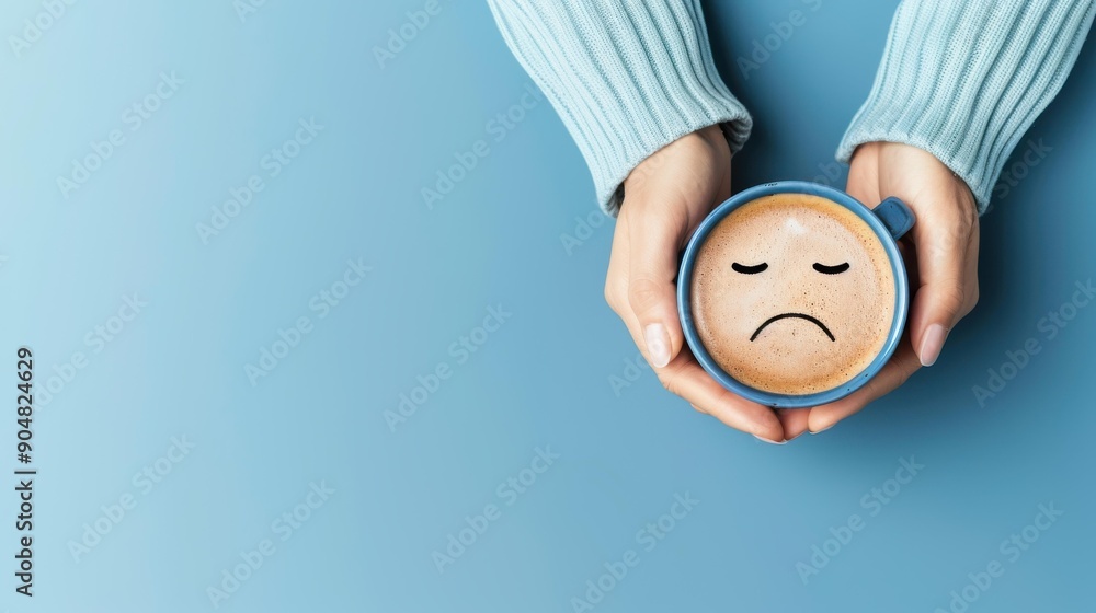 A closeup of hands holding a coffee cup with a sad face drawn in the foam, against a soothing blue background. A closeup of hands holding a coffee cup with a sad face drawn in the foam, against a soothing blue background.