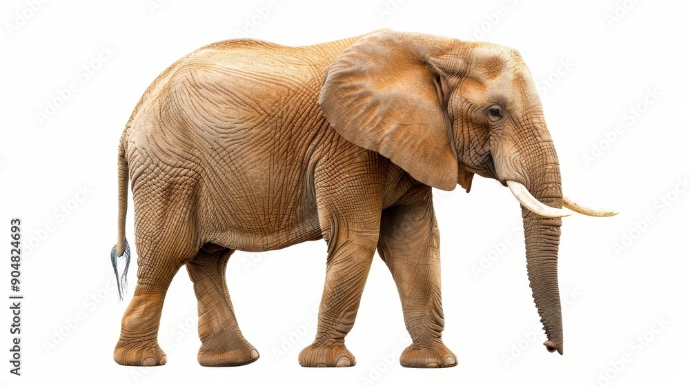 Obraz premium A majestic elephant stands tall, showcasing its massive body on a white background, symbolizing wildlifes grandeur.