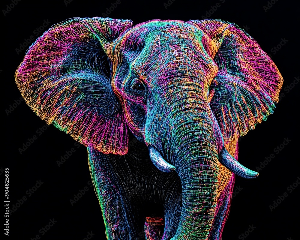 Obraz premium A vibrant, colorful illustration of an elephant, showcasing intricate lines and patterns on a dark background.