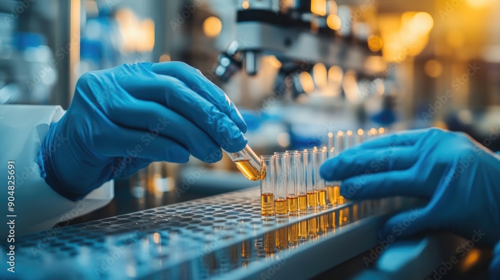 hands in blue gloves replacing micro pipettes or vials containing urine samples in a science hands in blue gloves replacing micro pipettes or vials containing urine samples in a science