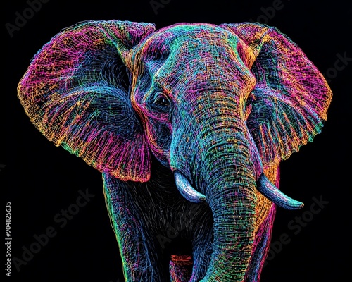 A vibrant, colorful illustration of an elephant, showcasing intricate lines and patterns on a dark background. © Imagination  World