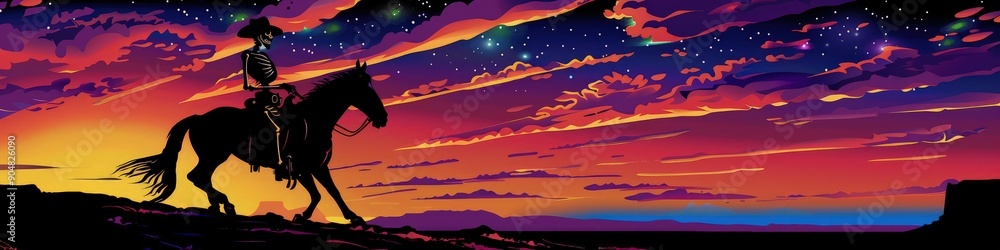 A silhouette of a skeleton cowboy on horseback, wearing a cowboy hat, riding across the desert plains at dusk with vibrant colors in the sky A silhouette of a skeleton cowboy on horseback, wearing a cowboy hat, riding across the desert plains at dusk with vibrant colors in the sky