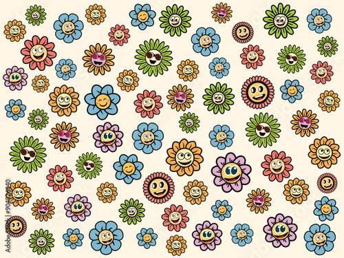 Hippy groovy daisy flowers set. Retro vintage style,decorative elements. 60s, icon flower Flat cartoon illustration.