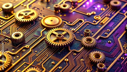 Wallpaper Mural Macro View of Printed Circuit Board with Golden Gears and Wires - Industrial Machinery, Abstract Metallics, and Futuristic Digital Circuitry Torontodigital.ca