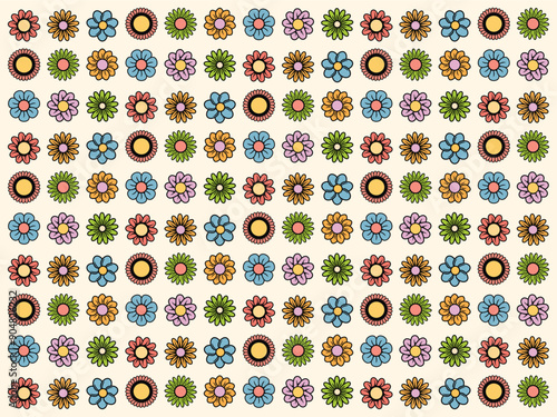 Hippy groovy daisy flowers set. Retro vintage style,decorative elements. 60s, icon flower Flat cartoon illustration.