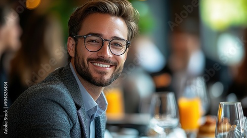 Smiling Man in Glasses Wearing a Blazer in a Restaurant
