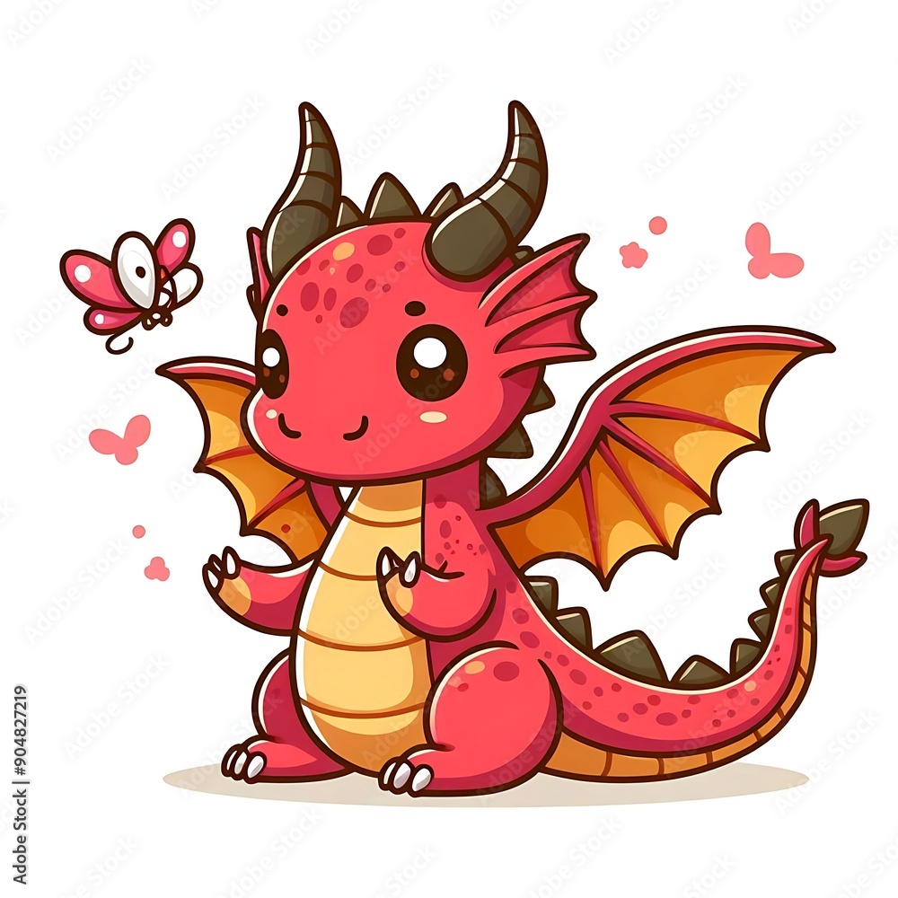 Fototapeta premium Cute cartoon dragon for Background or Mockup T Shirt. Fairy cute dragon. Baby fire dragon or dinosaur cute character isolated on white background. Fairytale Monster 