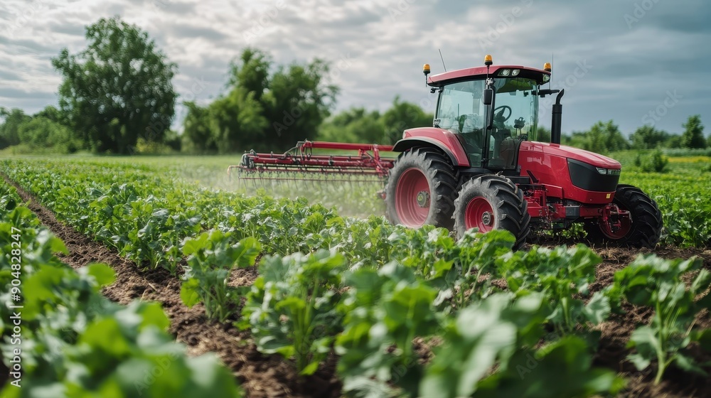 Modern Red Tractor Working in a Green Field on a Cloudy Day with Trees in the Background Modern Red Tractor Working in a Green Field on a Cloudy Day with Trees in the Background