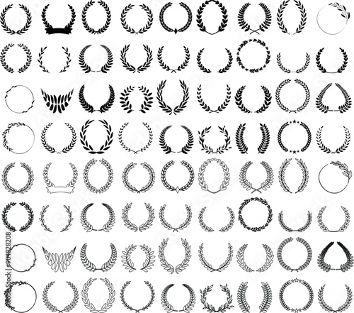 Vector laurel wreath silhouettes, various designs, award symbols, victory icons, ancient Roman and Greek motifs, decorative borders, elegant patterns, achievement badges, heraldic elements