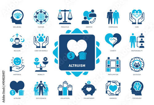 Altruism icon set. Compassion, Participation, Selflessness, Care, Culture, Psychology, Kindness, Religion. Duotone color solid icons