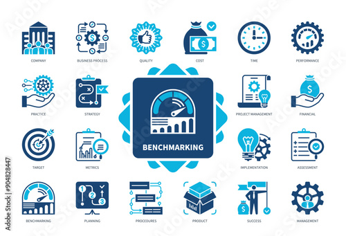 Benchmarking icon set. Quality, Cost, Time, Metrics, Practice, Project Management, Performance, Procedures. Duotone color solid icons