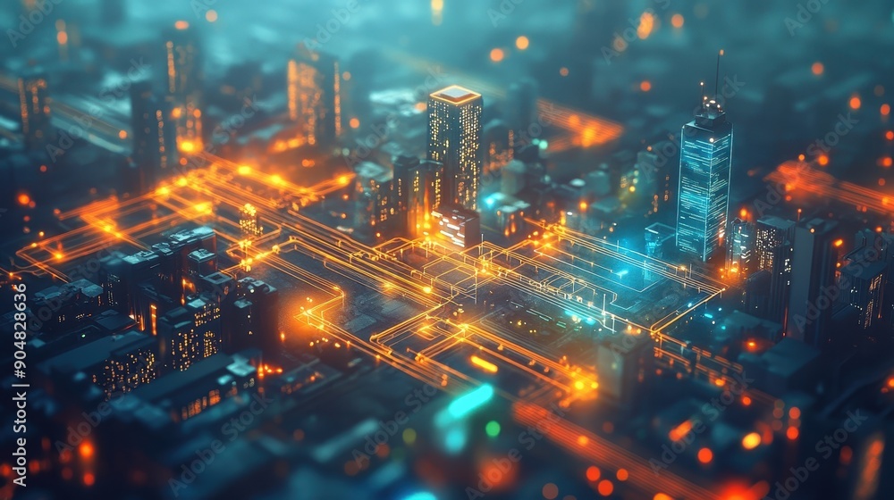 Aerial View of Futuristic Cityscape with Glowing Network of Lights and Skyscrapers at Night Aerial View of Futuristic Cityscape with Glowing Network of Lights and Skyscrapers at Night