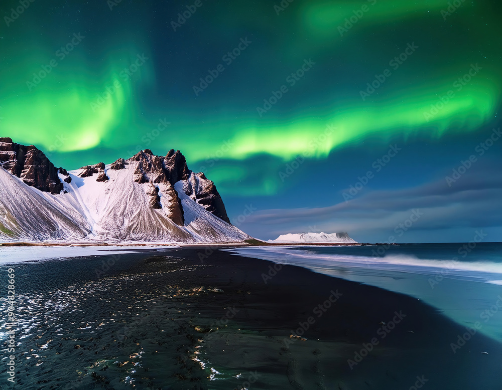 Naklejka premium Aurora borealis, northern lights over snowy mountains with ocean view 
