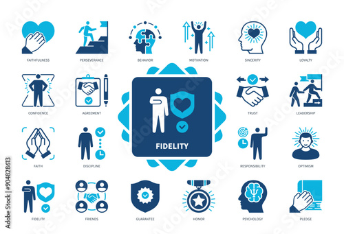 Fidelity icon set. Faithfulness, Sincerity, Confidence, Agreement, Optimism, Honor, Loyalty, Responsibility. Duotone color solid icons