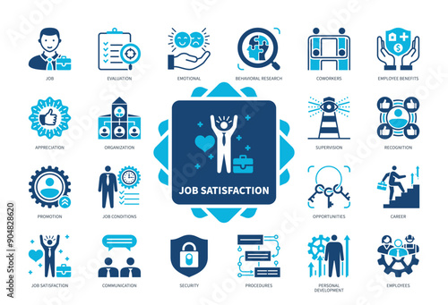 Job Satisfaction icon set. Appreciation, Opportunities, Personal Development, Job, Evaluation, Promotion, Security, Employees. Duotone color solid icons