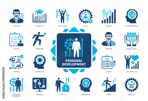 Personal Development icon set. Self Improvement, Activity, Capabilities, Aspiration, Targets, Psychology, Teacher, Education. Duotone color solid icons