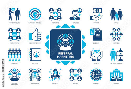 Referral Marketing icon set. Referrer, Word of Mouth, Initiative, Payment, Customers, Family, Network, Marketing Strategy. Duotone color solid icons
