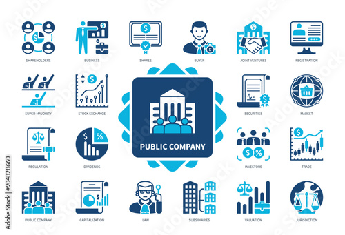Public Company icon set. Shareholder, Super Majority, Subsidiaries, Joint Ventures, Valuation, Capitalization, Buyer, Securities. Duotone color solid icons