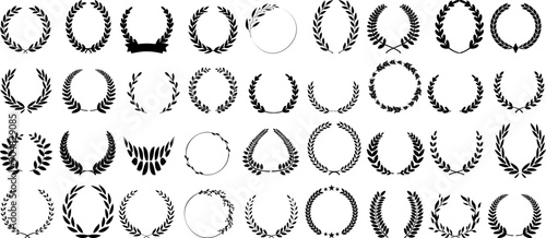 Laurel wreath, award, achievement icon set. Elegant black vector wreath designs for celebration, certificates, or quality badges
